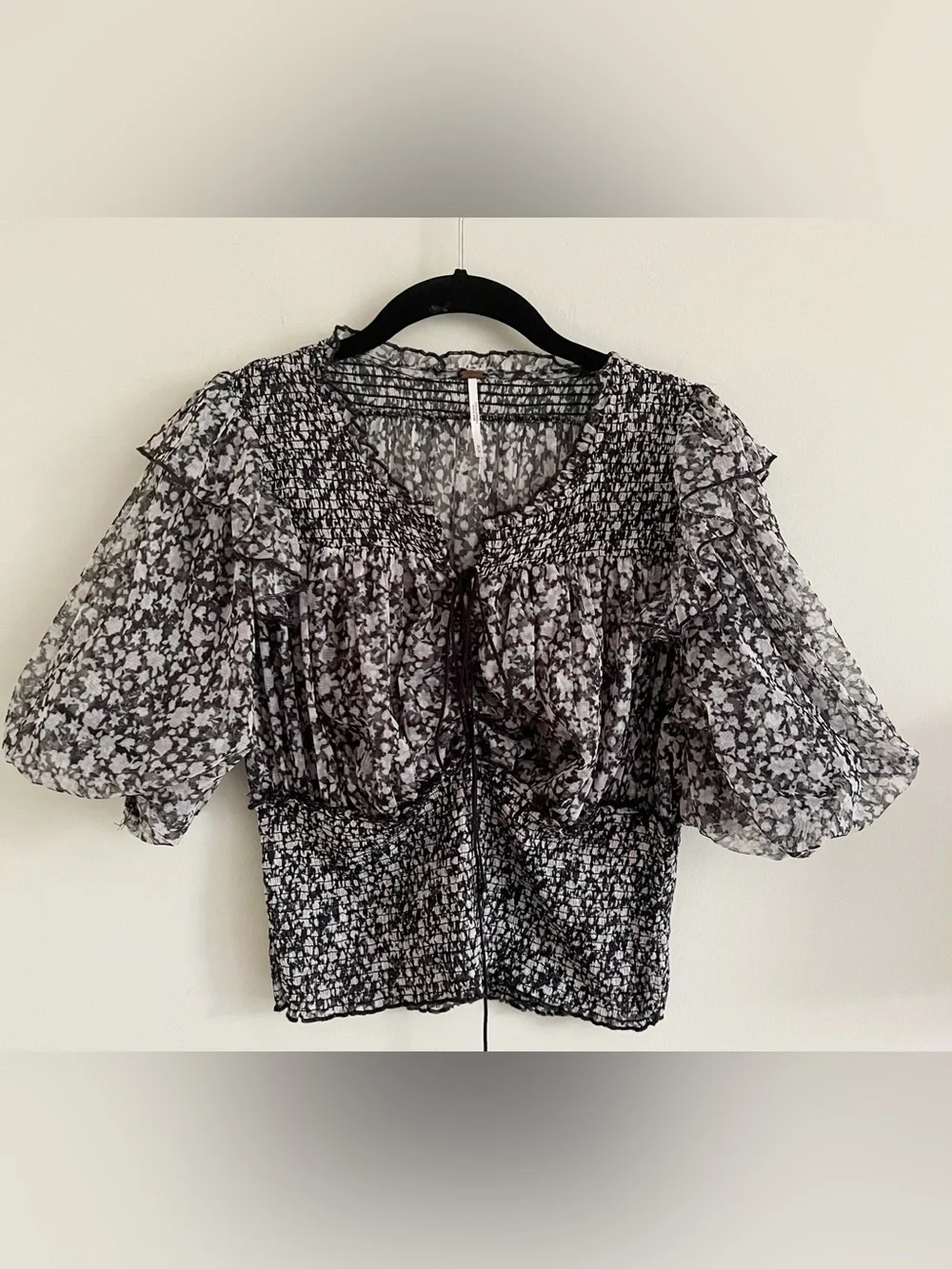 Free People “Beatrice” flouncy black/white boho top